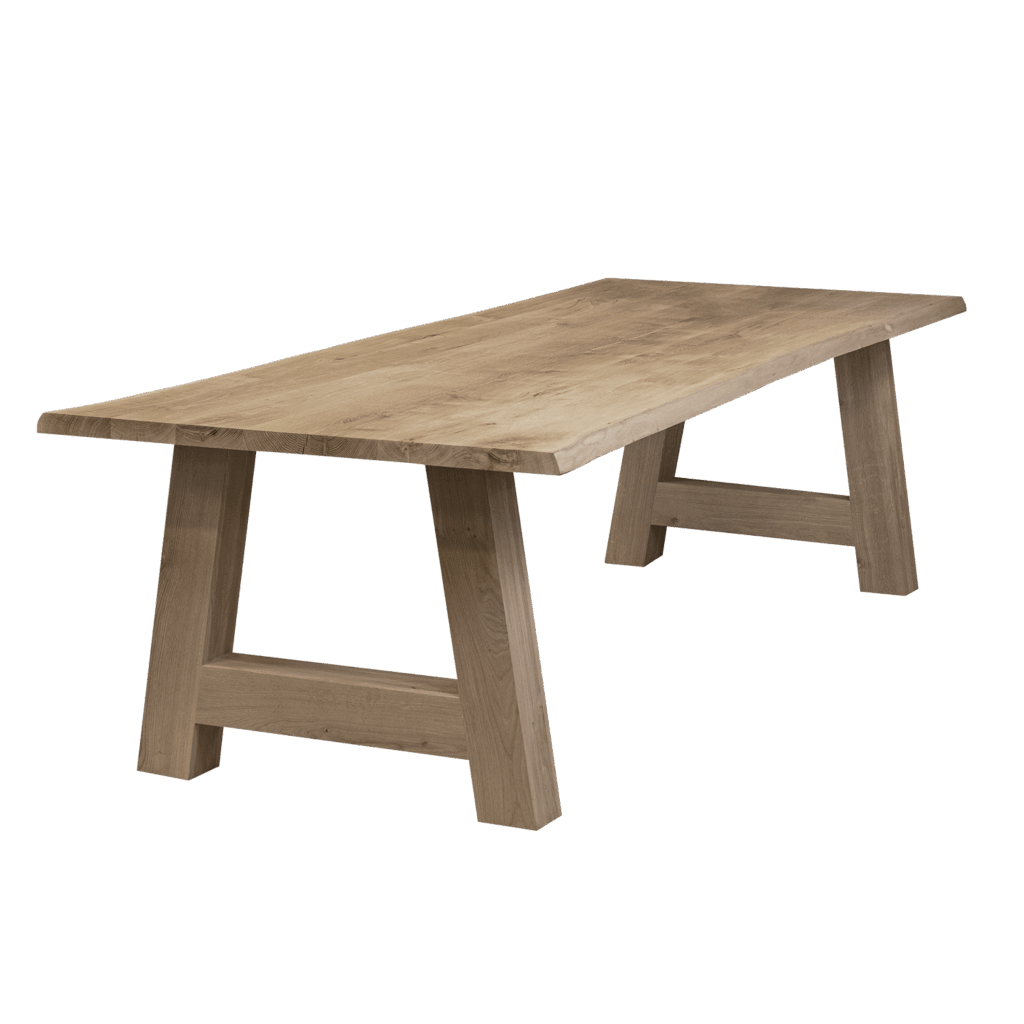 Massief eiken eettafel met boomschorsrand met houten A-poot
