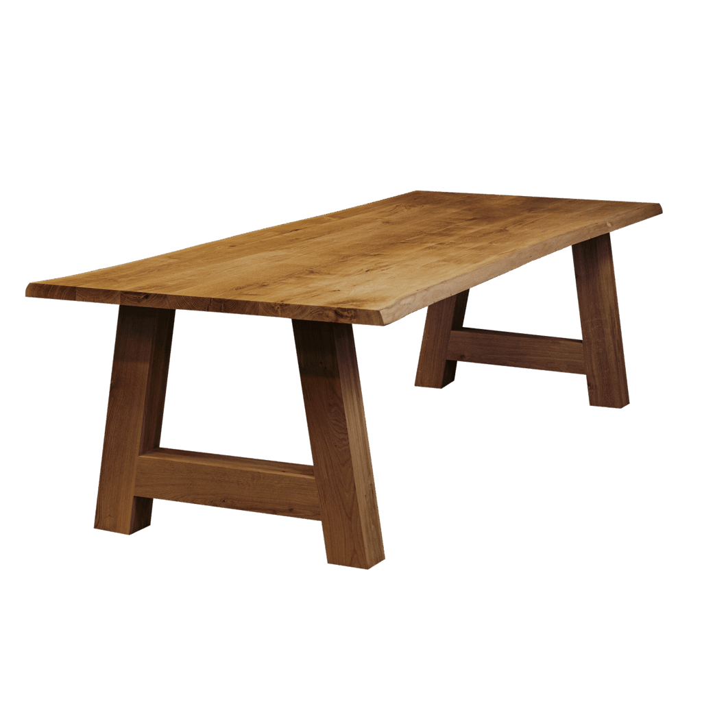 Massief eiken eettafel met boomschorsrand met houten A-poot