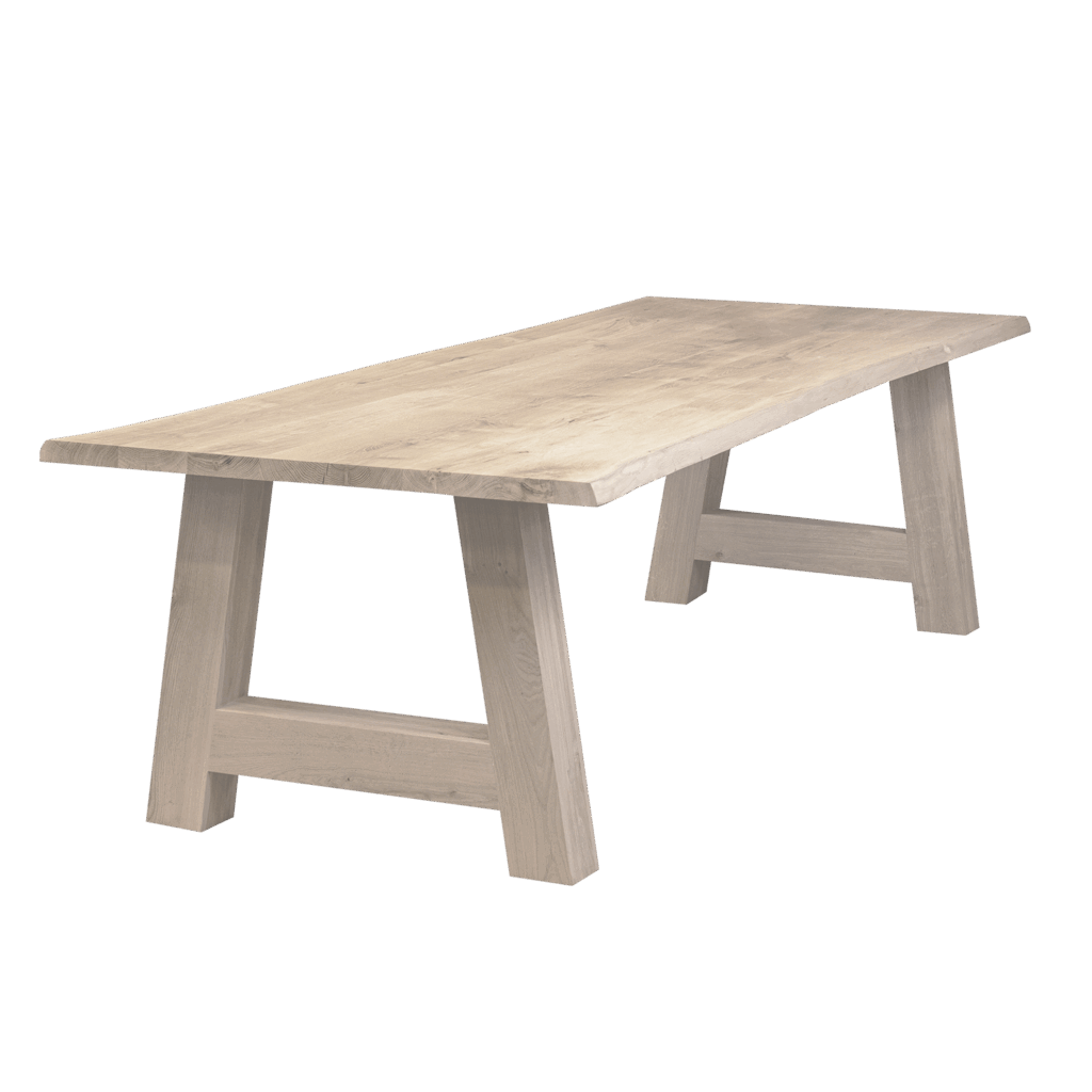 Massief eiken eettafel met boomschorsrand met houten A-poot