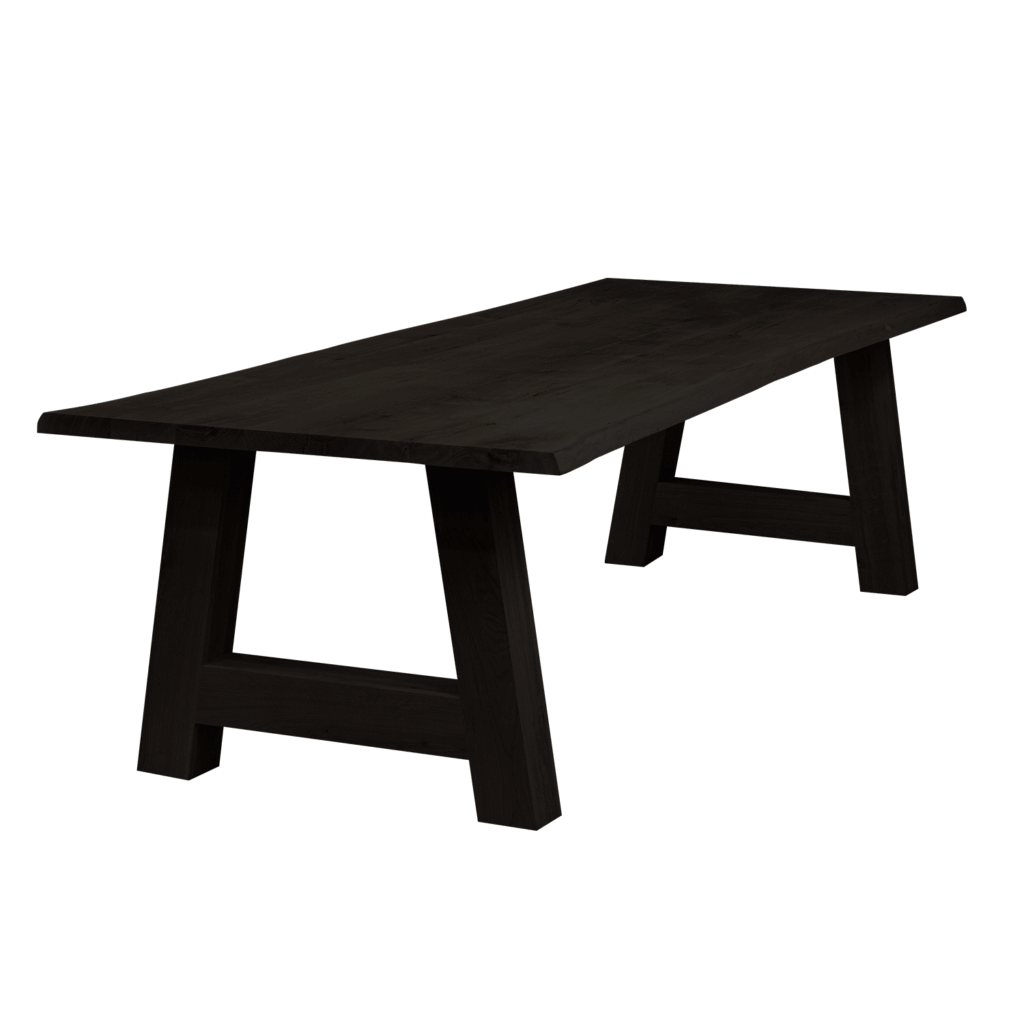 Massief eiken eettafel met boomschorsrand met houten A-poot