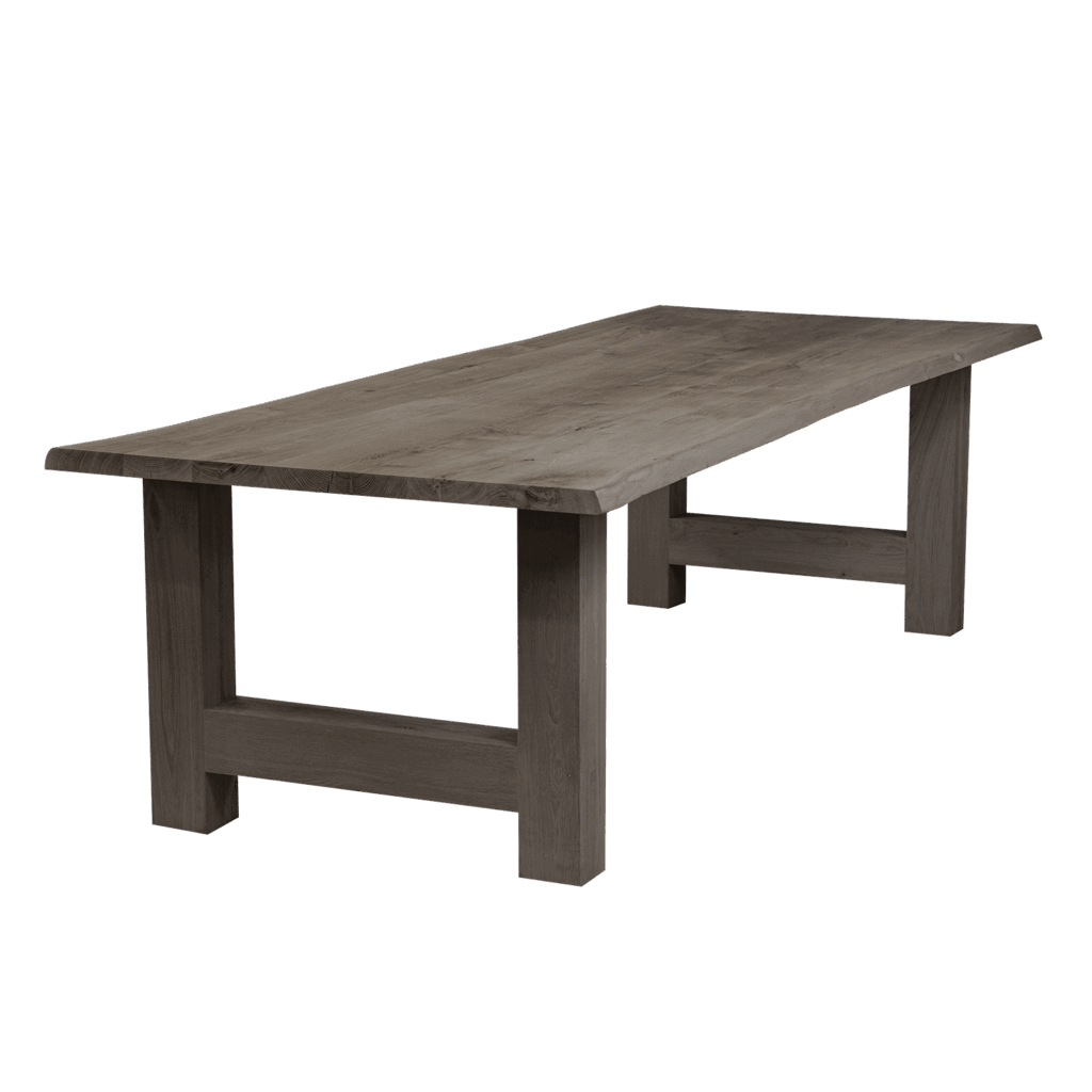 Massief eiken eettafel met boomschorsrand met houten H-poot