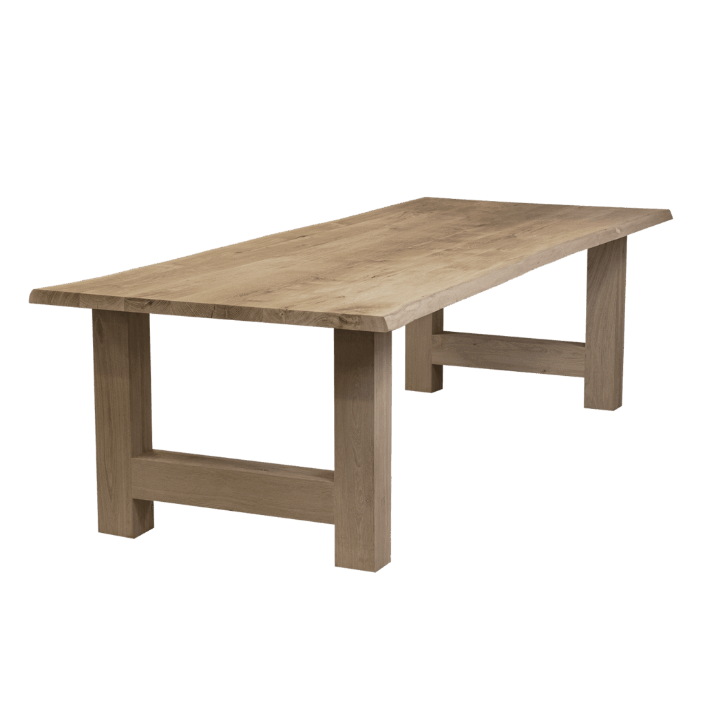 Massief eiken eettafel met boomschorsrand met houten H-poot