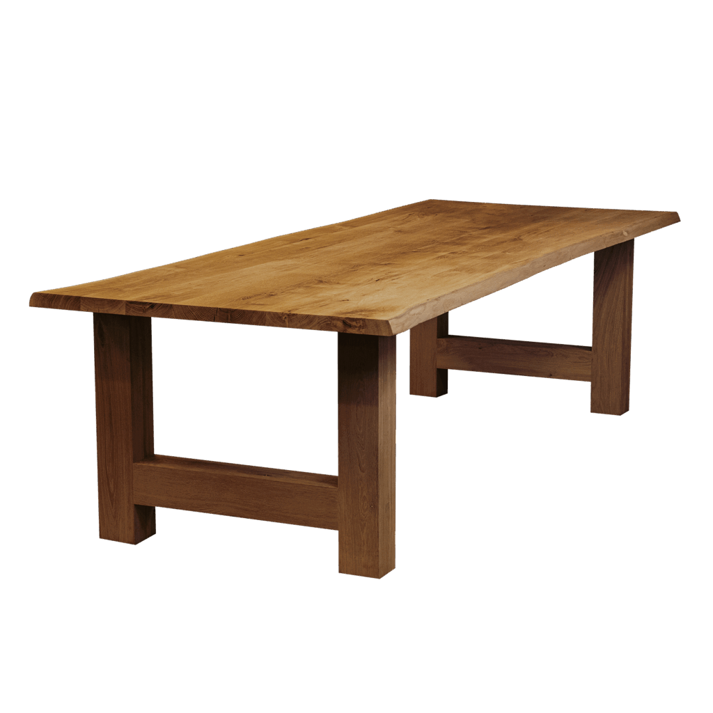 Massief eiken eettafel met boomschorsrand met houten H-poot
