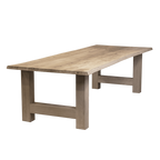 Massief eiken eettafel met boomschorsrand met houten H-poot