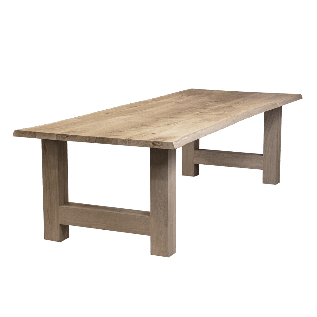 Massief eiken eettafel met boomschorsrand met houten H-poot