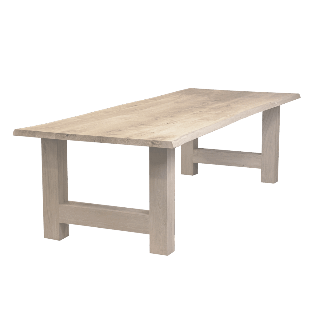 Massief eiken eettafel met boomschorsrand met houten H-poot