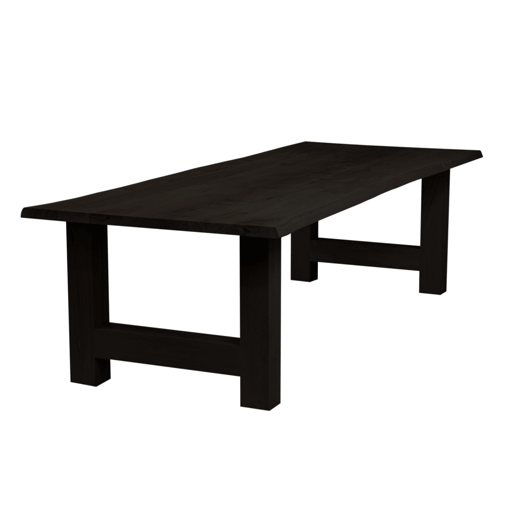 Massief eiken eettafel met boomschorsrand met houten H-poot