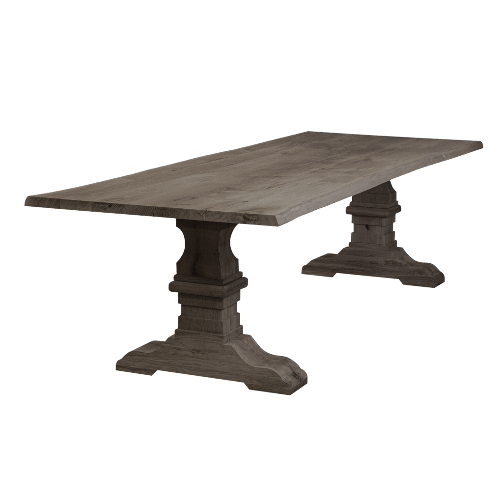 Massief eiken eettafel met boomschorsrand met houten kasteel-poot