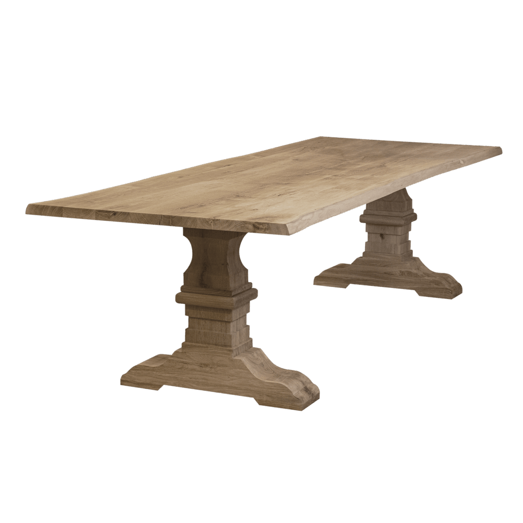 Massief eiken eettafel met boomschorsrand met houten kasteel-poot
