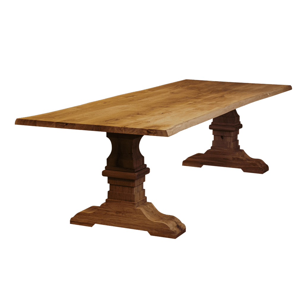 Massief eiken eettafel met boomschorsrand met houten kasteel-poot