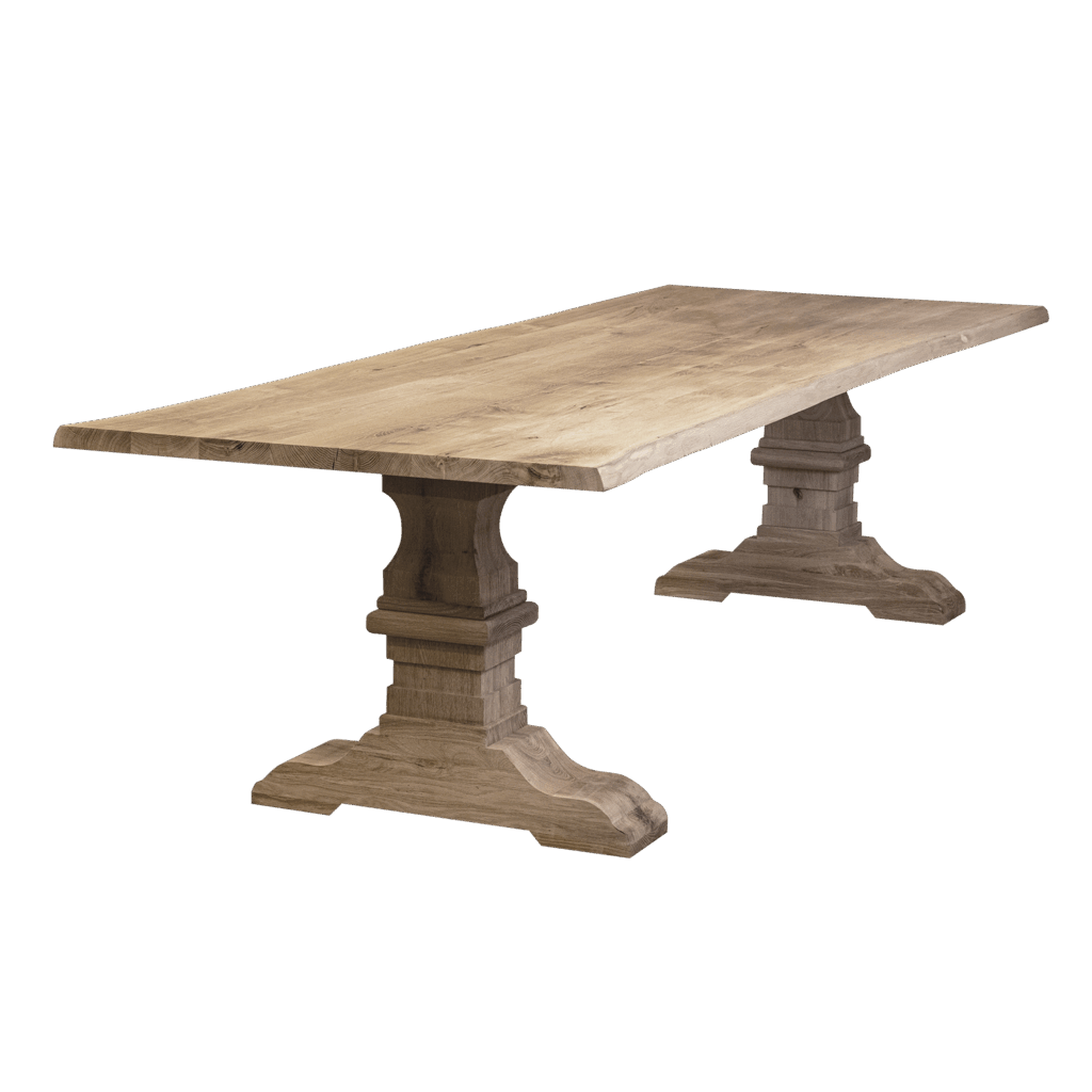 Massief eiken eettafel met boomschorsrand met houten kasteel-poot