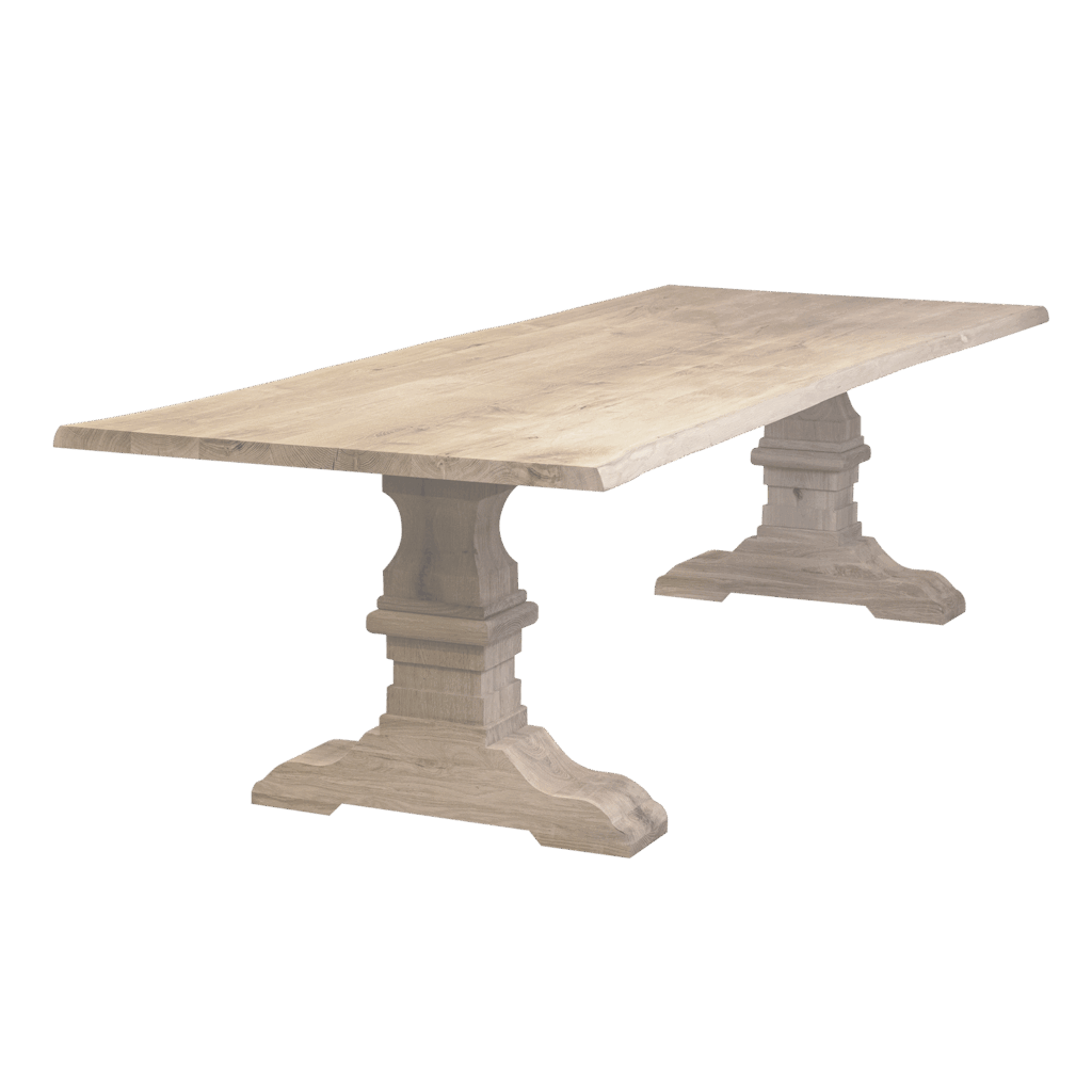 Massief eiken eettafel met boomschorsrand met houten kasteel-poot