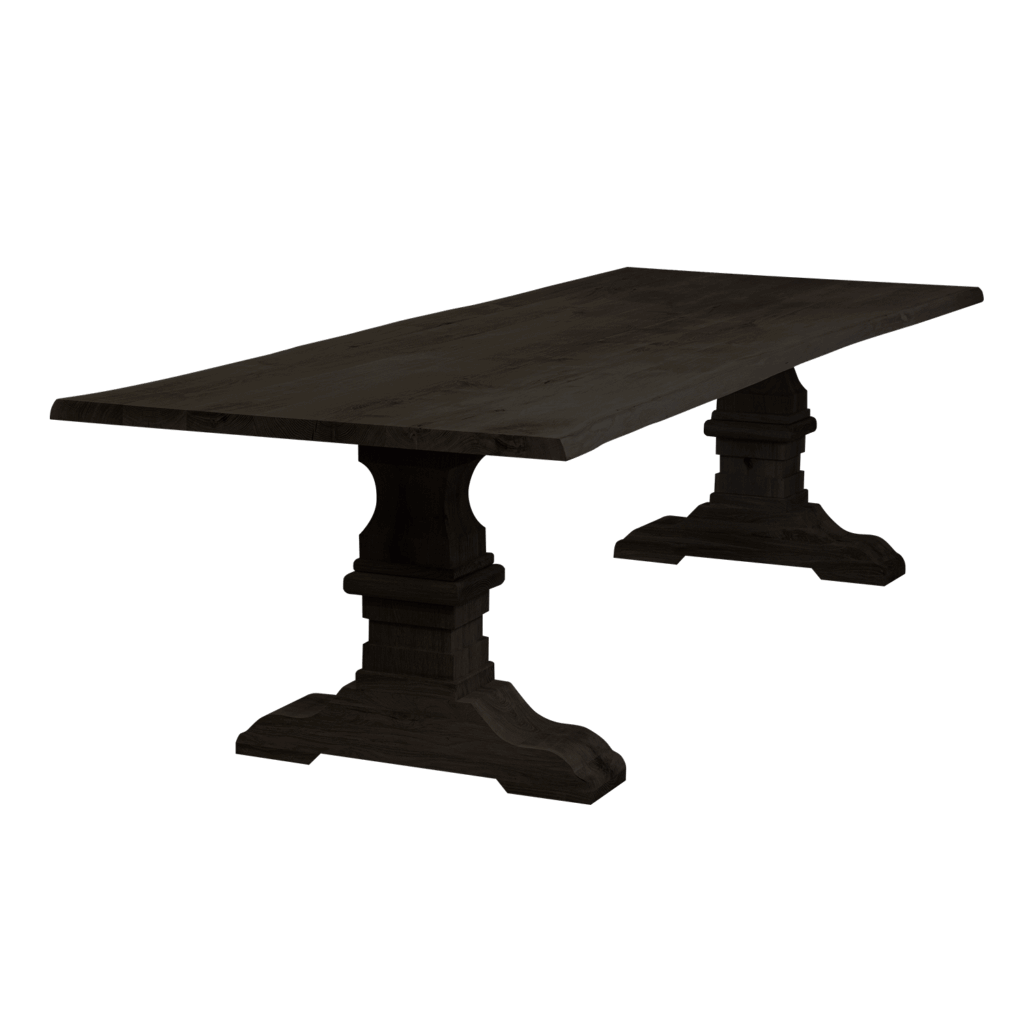Massief eiken eettafel met boomschorsrand met houten kasteel-poot