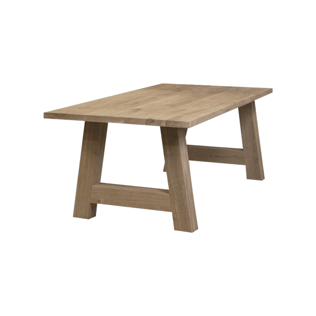 Massief eiken eettafel met rechte rand met houten A-poot