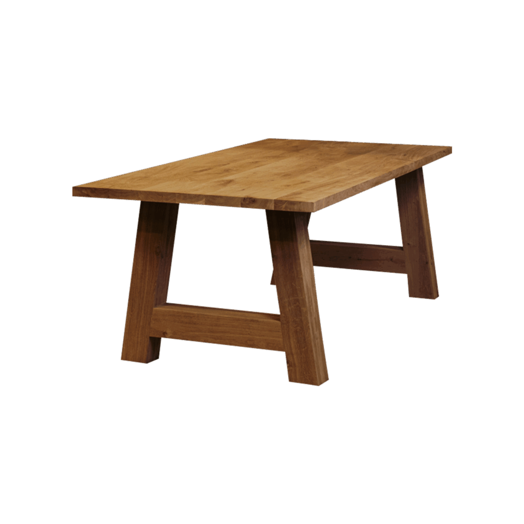 Massief eiken eettafel met rechte rand met houten A-poot