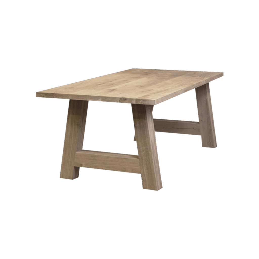 Massief eiken eettafel met rechte rand met houten A-poot