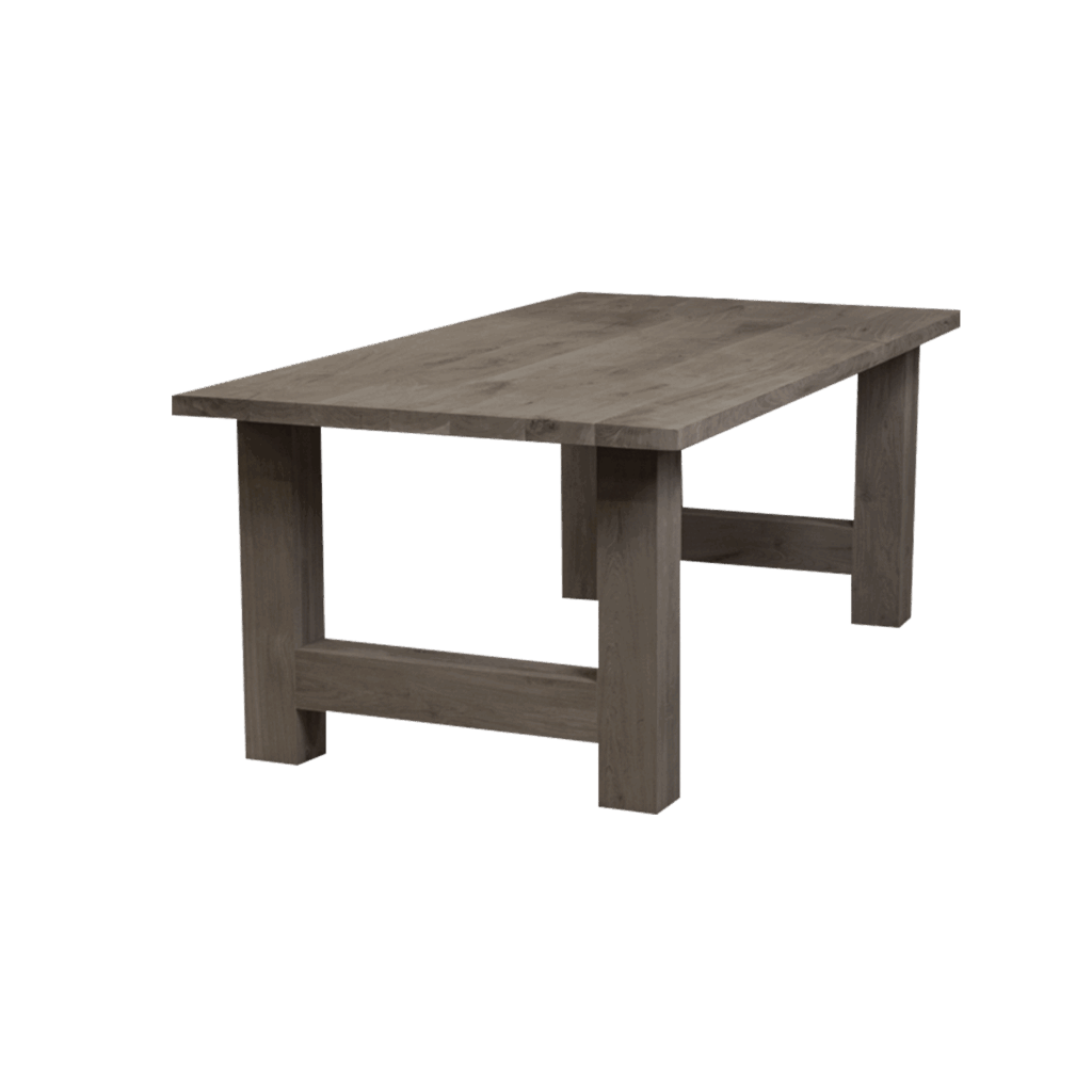 Massief eiken eettafel met rechte rand met houten H-poot