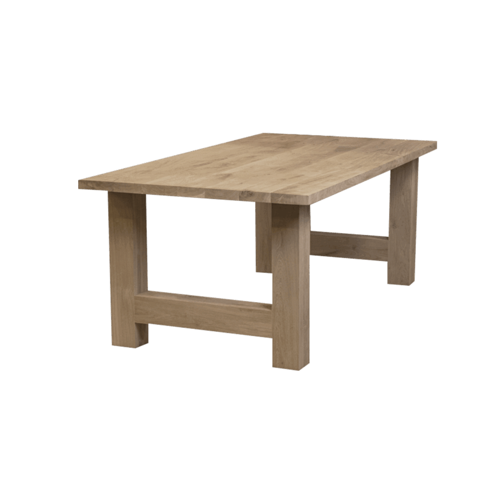 Massief eiken eettafel met rechte rand met houten H-poot