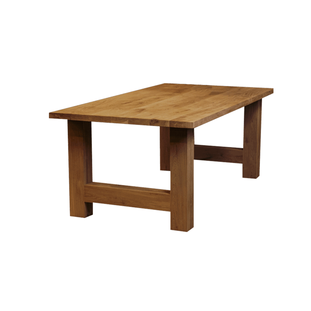 Massief eiken eettafel met rechte rand met houten H-poot