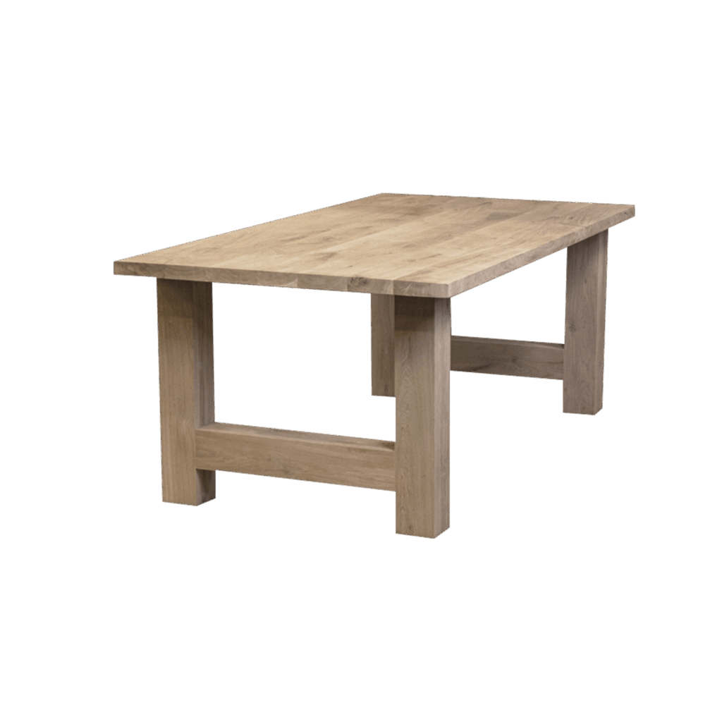 Massief eiken eettafel met rechte rand met houten H-poot