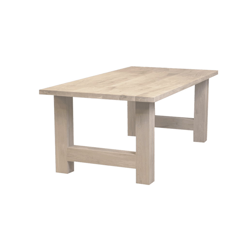 Massief eiken eettafel met rechte rand met houten H-poot